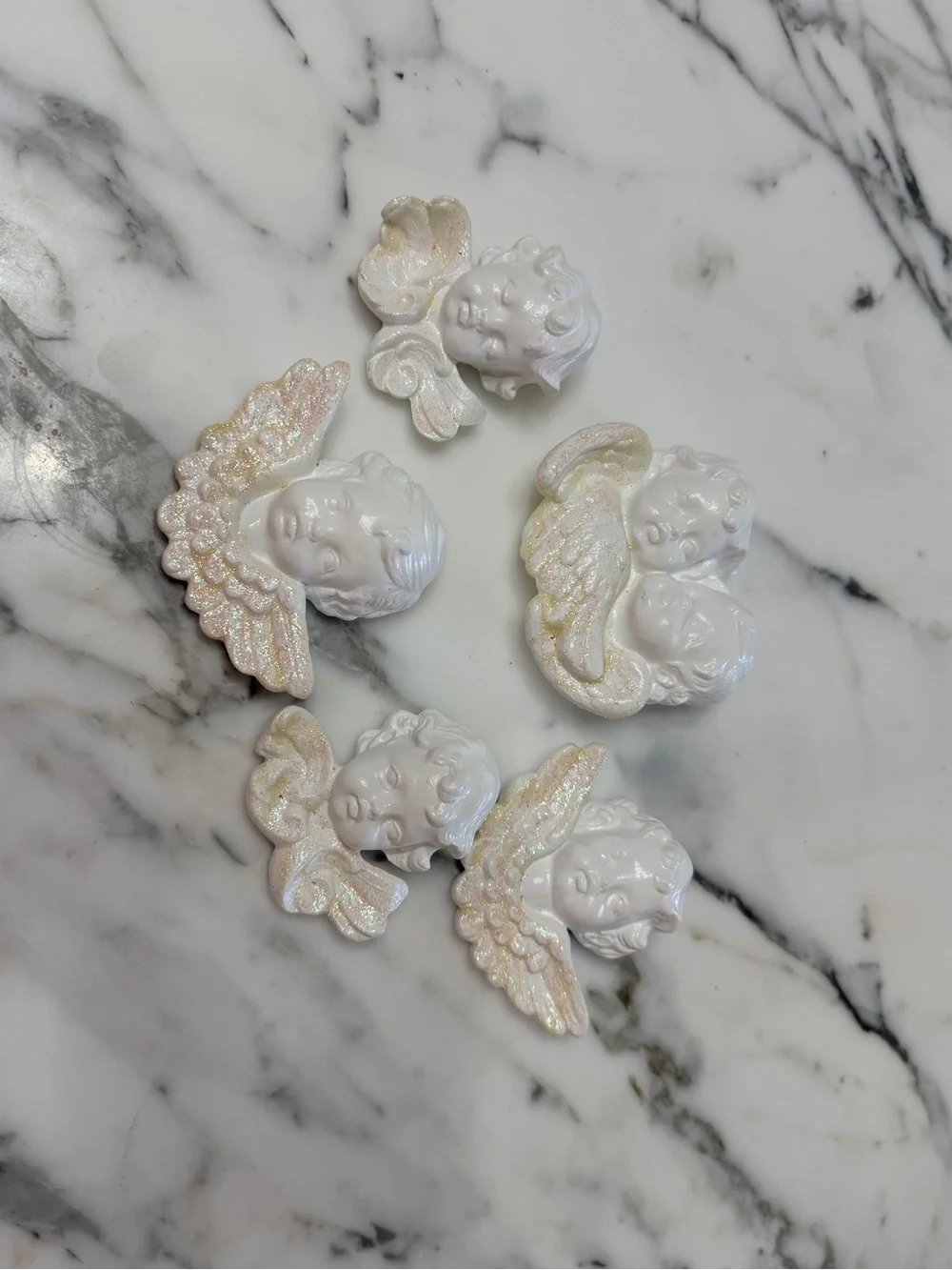 Vintage 80’s Scioto White Ceramic Cherub Plaques with Iridescent Wings Set of 5